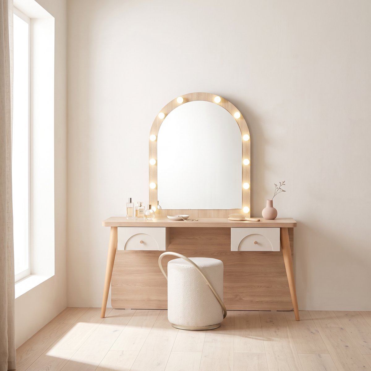 Milos Modern Light Wood Vanity Set with LED Mirror & Pouf in a Muscat home