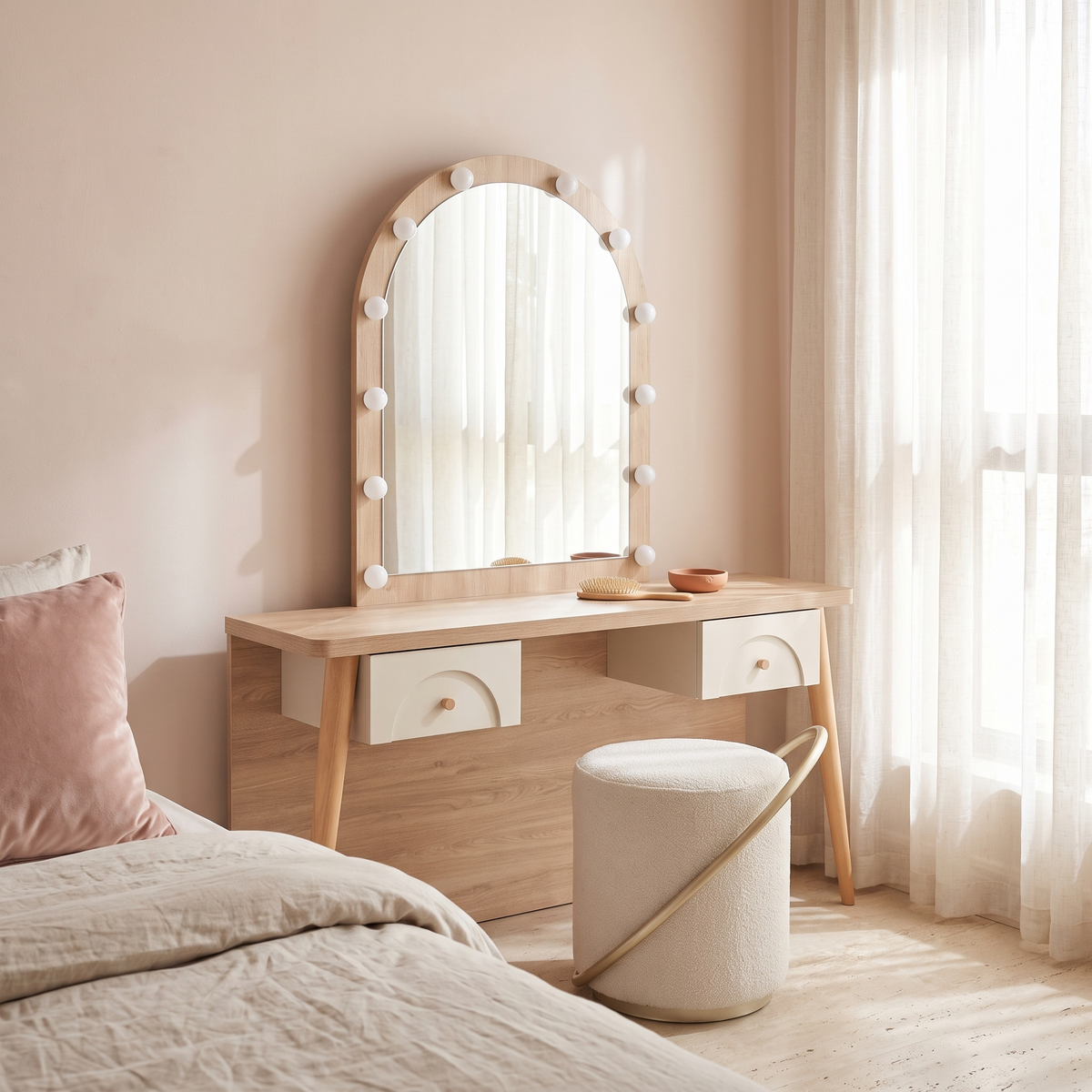 Milos Modern Light Wood Vanity Set with LED Mirror & Pouf, second room view