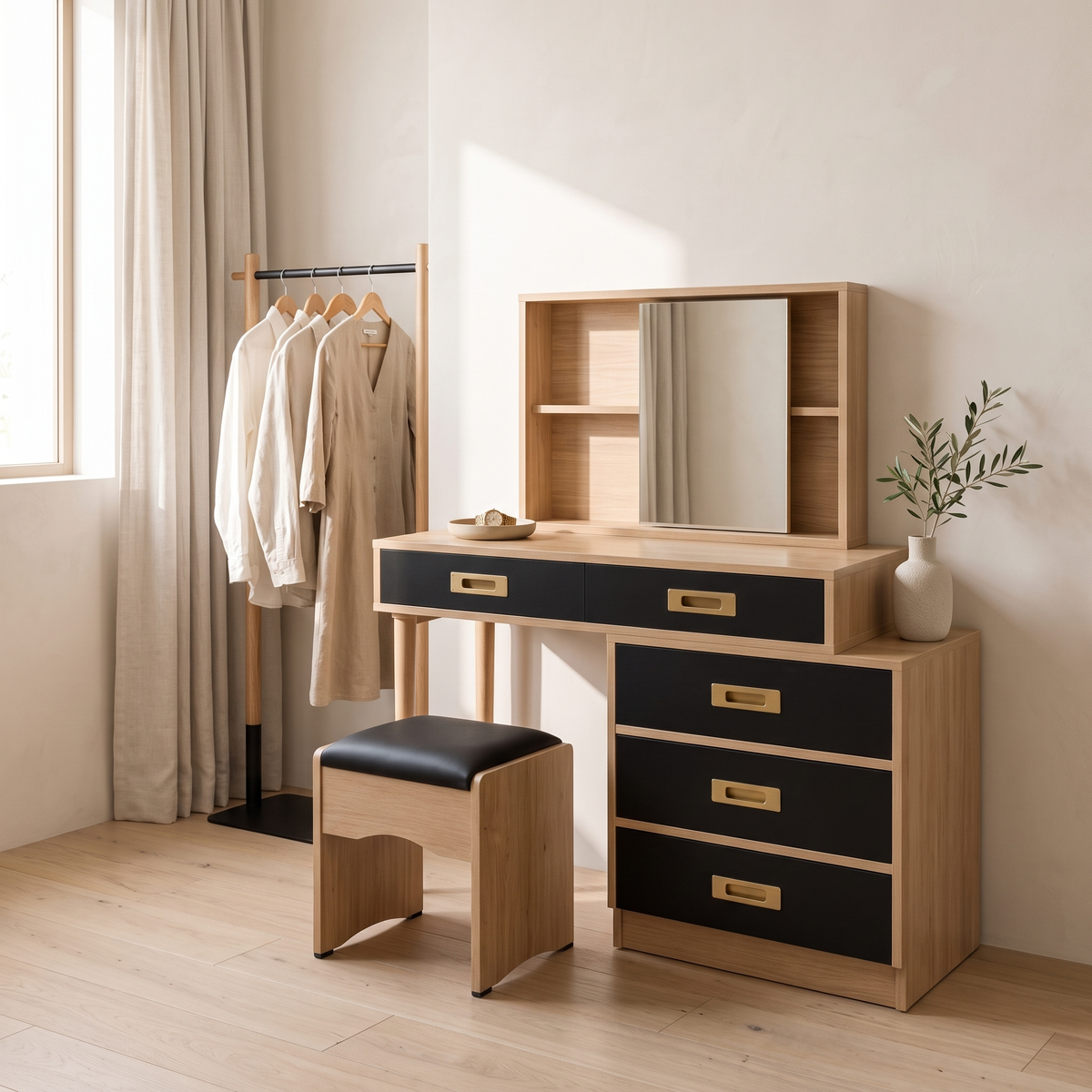 Oak & Black Dressing Table Set, second room view
