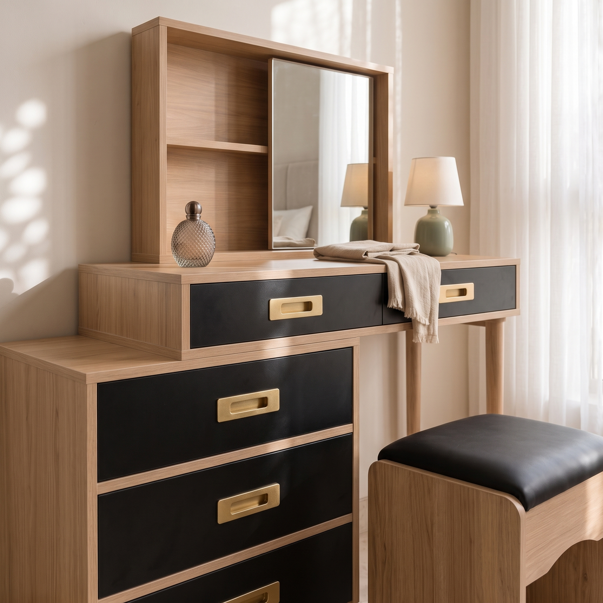 Oak & Black Dressing Table Set, close view