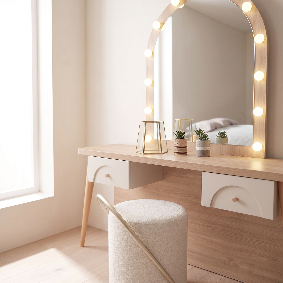 Milos Modern Light Wood Vanity Set with LED Mirror & Pouf, close view