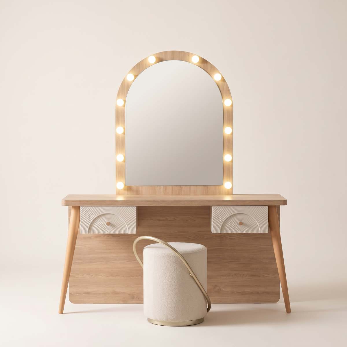 Milos Modern Light Wood Vanity Set with LED Mirror & Pouf, studio view