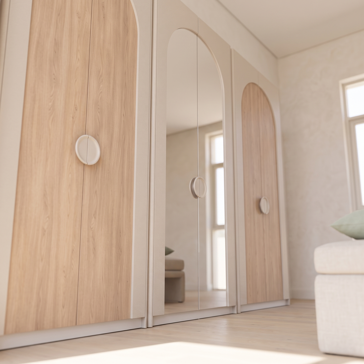 Milos 6 Door Mirrored Wardrobe, close view