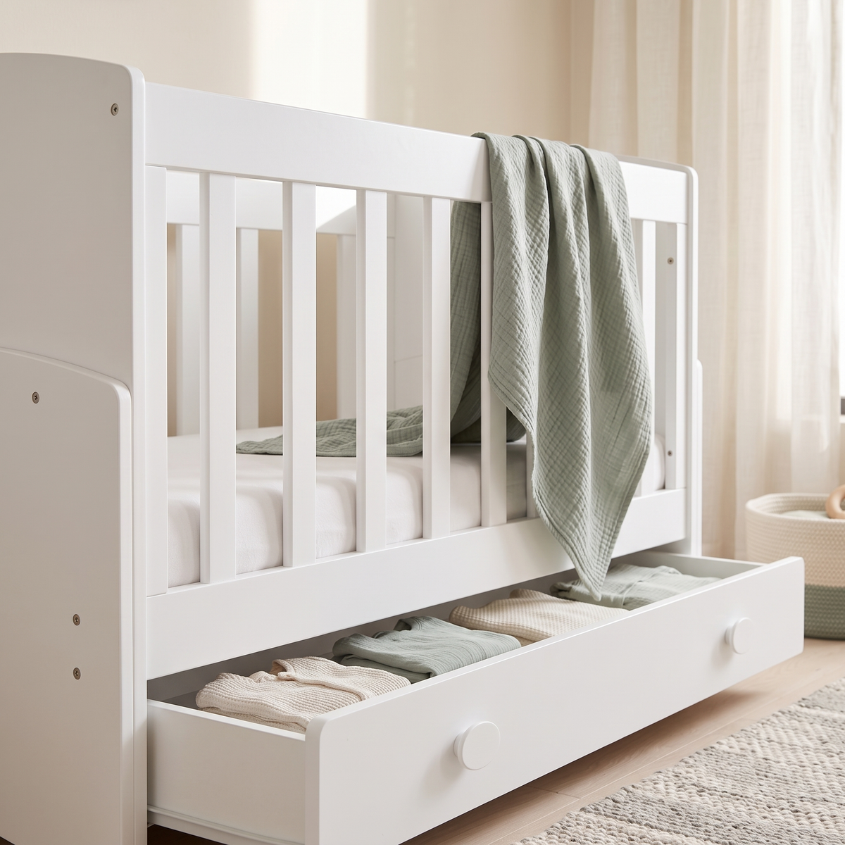 White Foldable Baby Crib #GW-502AW, close view