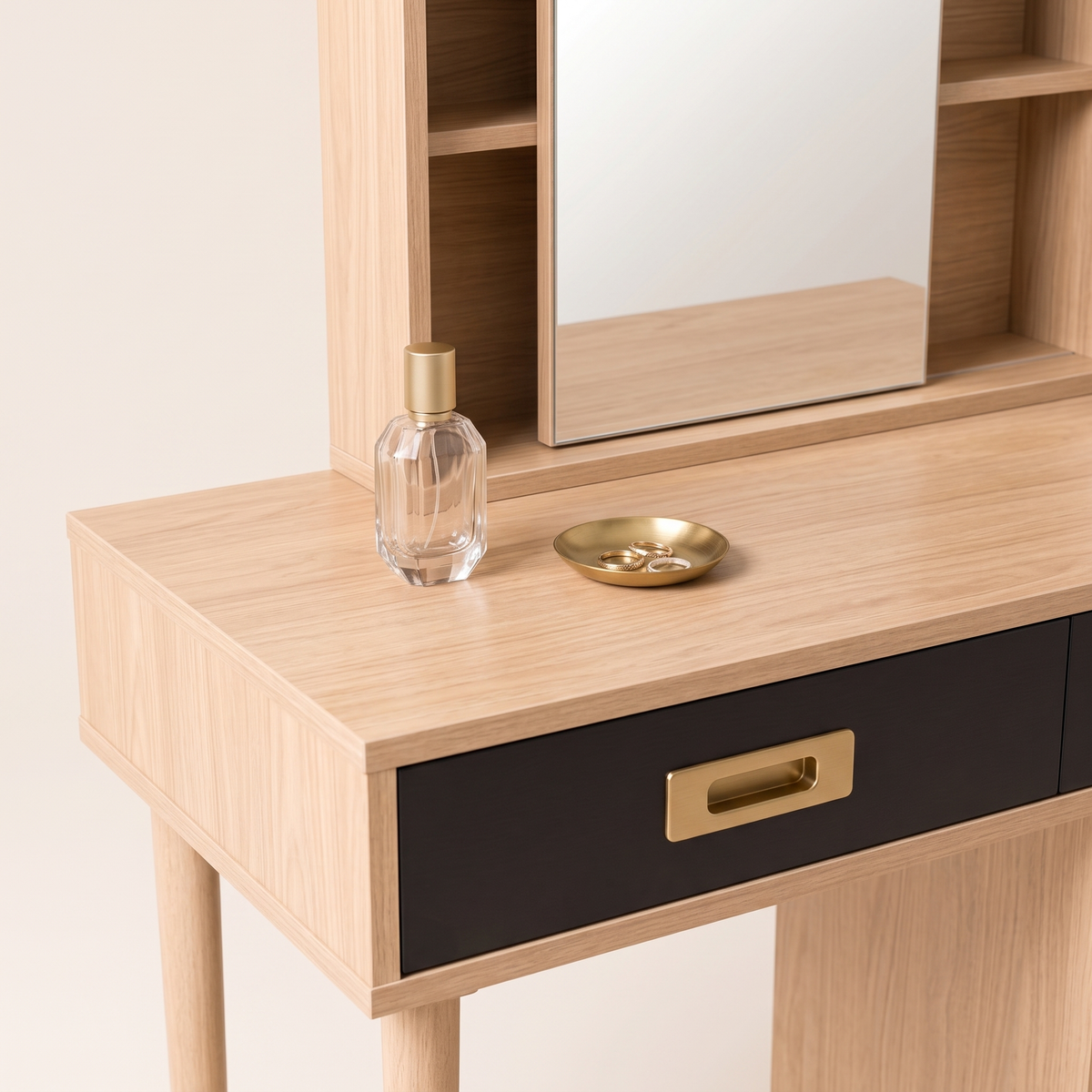 Oak & Black Dressing Table Set, styled detail