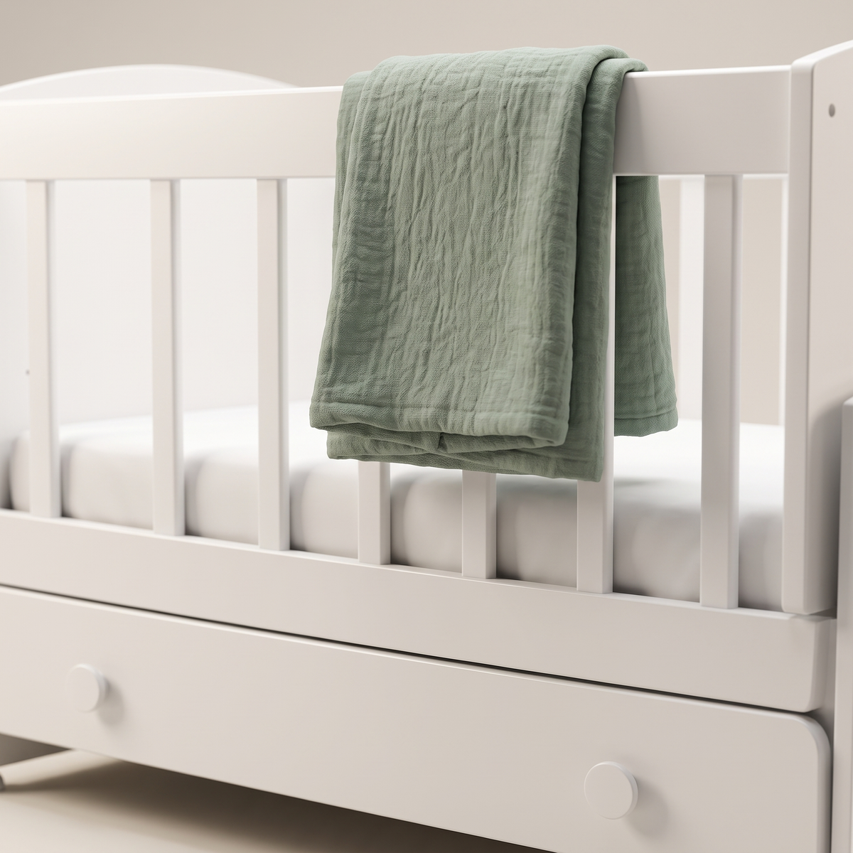 White Foldable Baby Crib #GW-502AW, styled detail