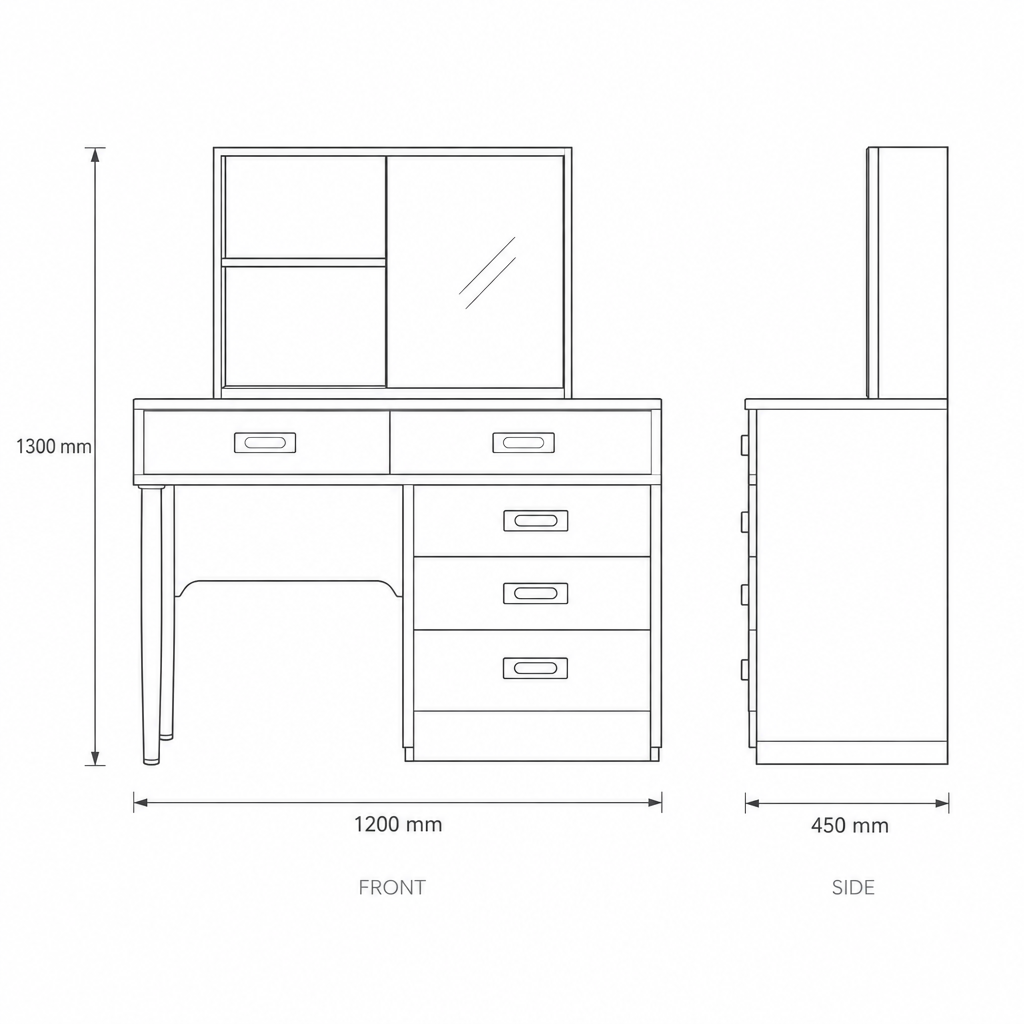 Oak & Black Dressing Table Set, dimensions drawing