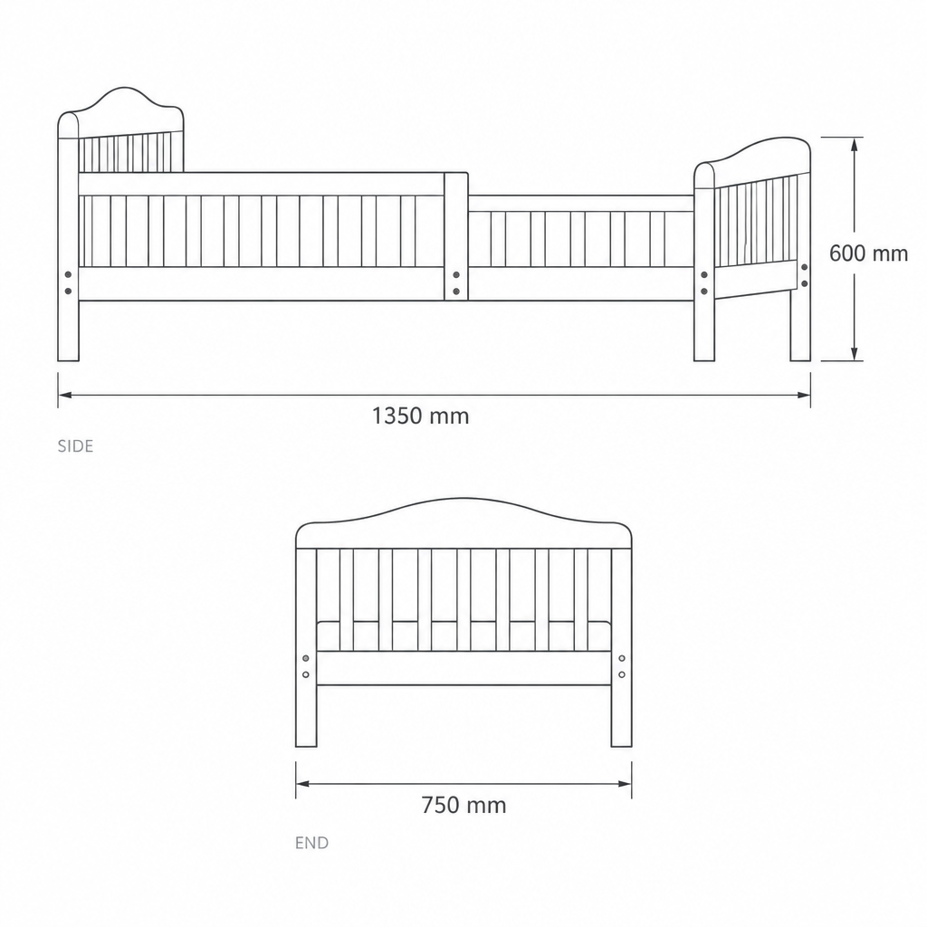 Foldable White Baby Crib #7211W, dimensions drawing