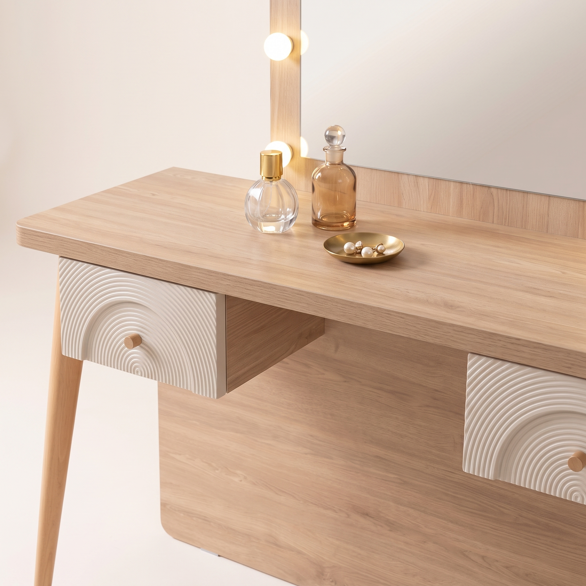 Milos Modern Light Wood Vanity Set with LED Mirror & Pouf, styled detail