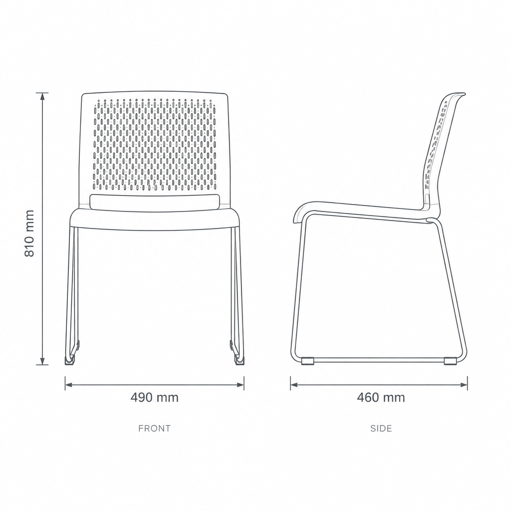 Grey Perforated Visitor Chair with Chrome Sled Base, dimensions drawing