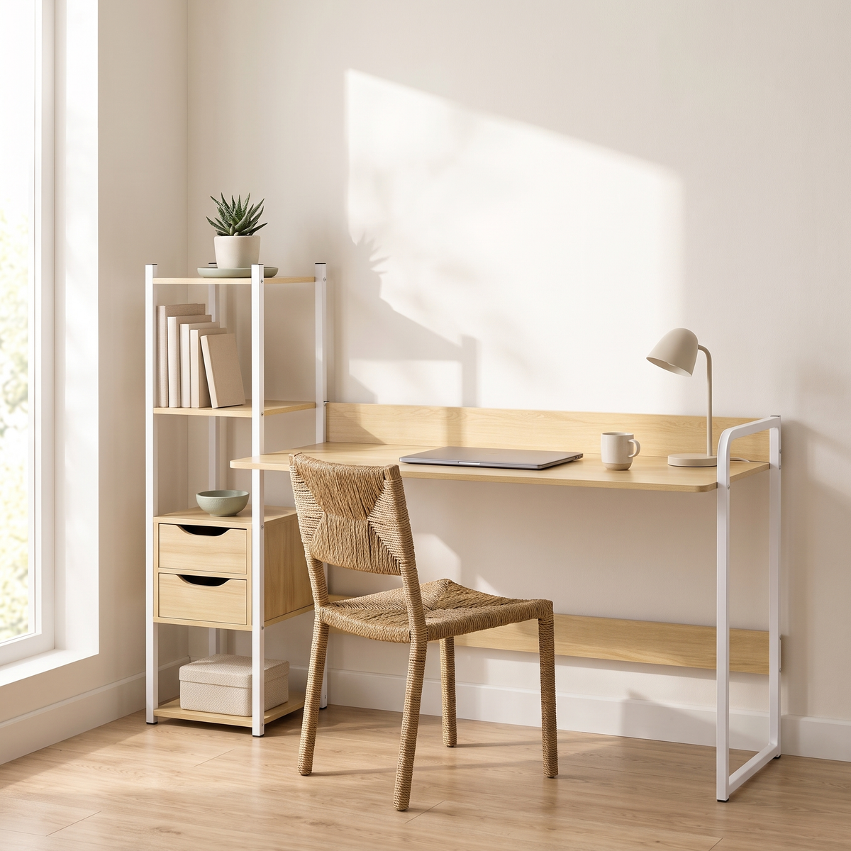 Light Oak Study Desk with Shelves and Drawers in a Muscat office