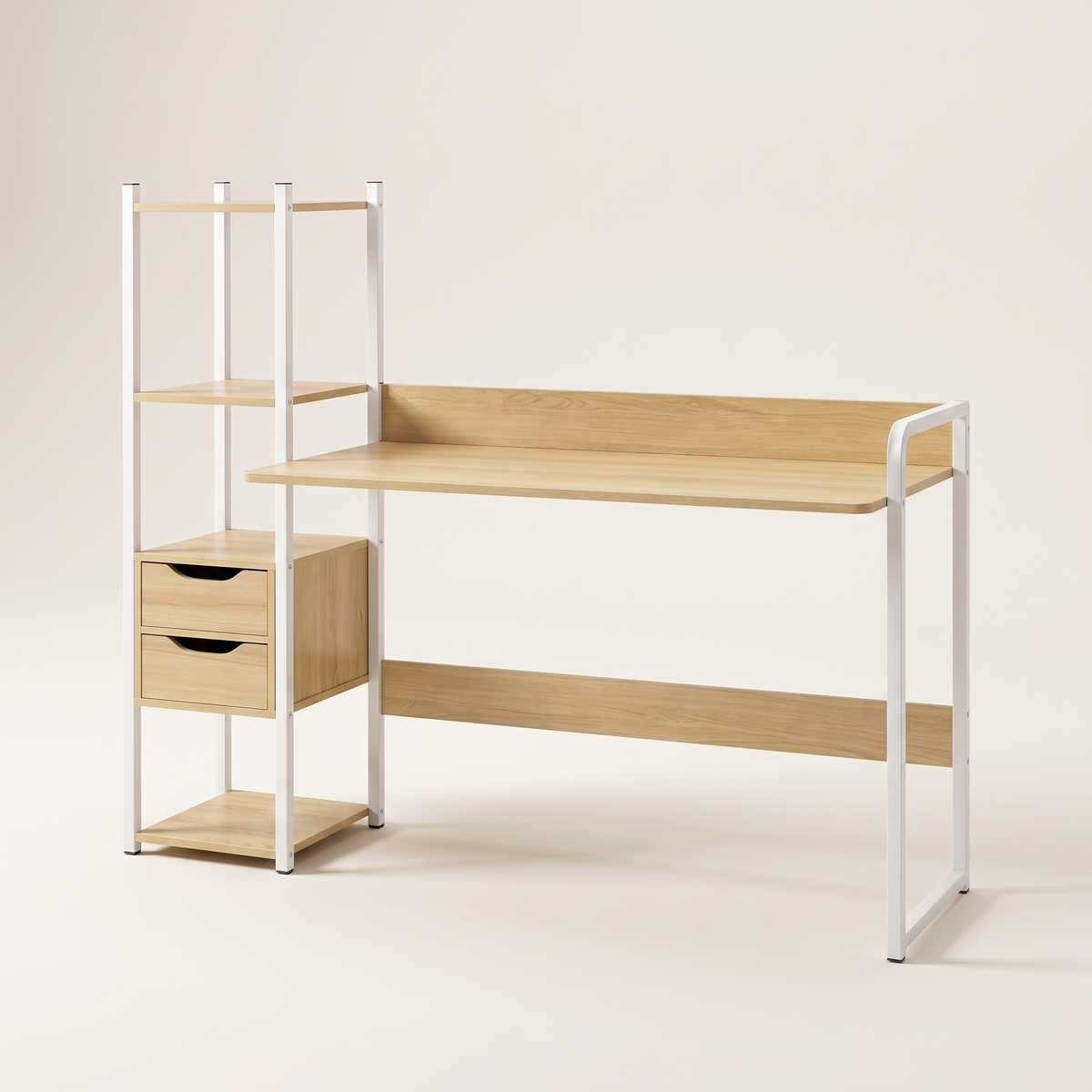 Light Oak Study Desk with Shelves and Drawers, studio view