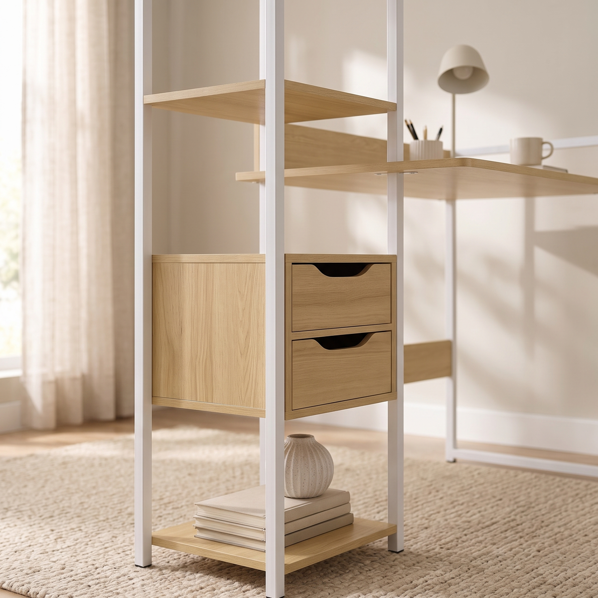 Light Oak Study Desk with Shelves and Drawers, close view
