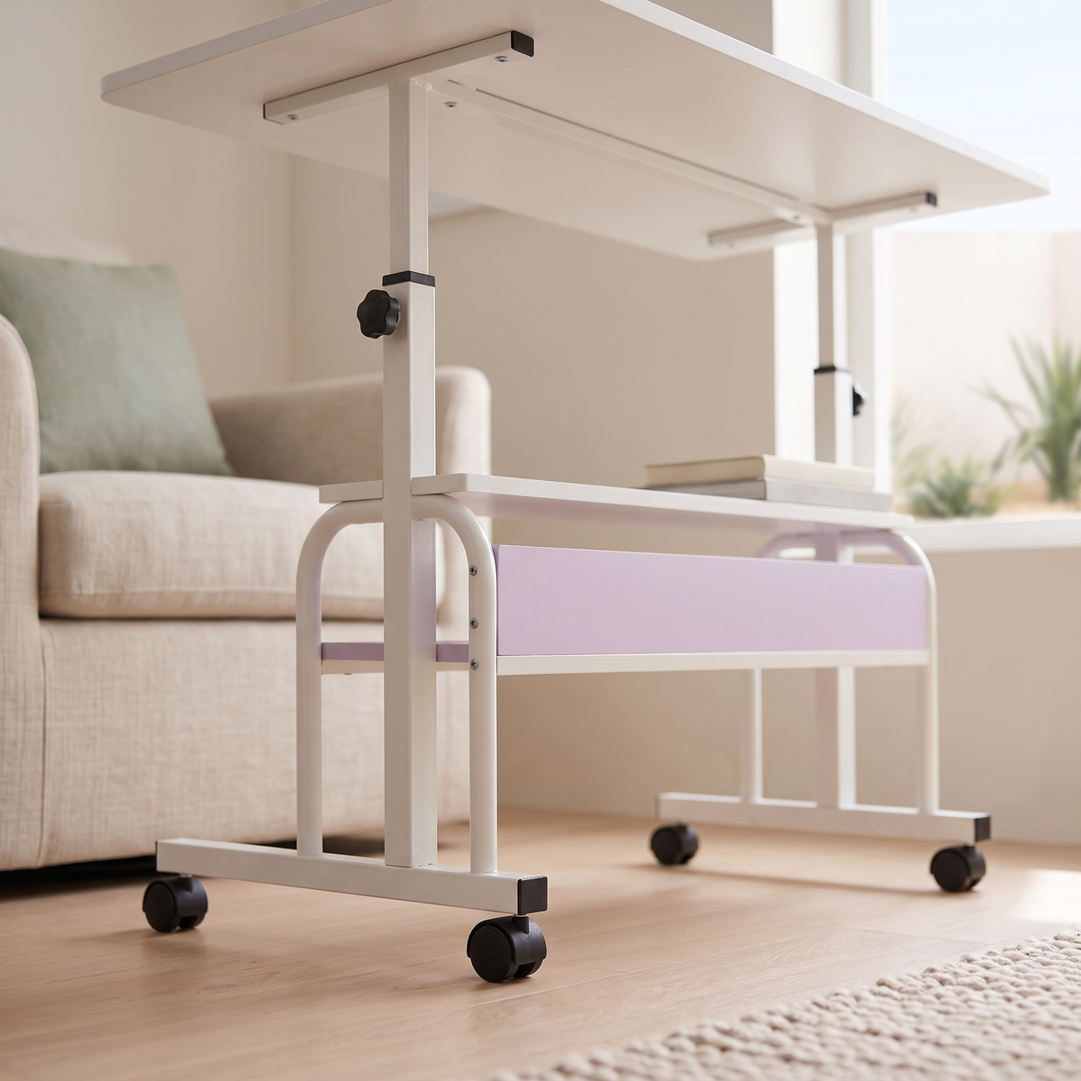 White Height-Adjustable Mobile Study Table, close view