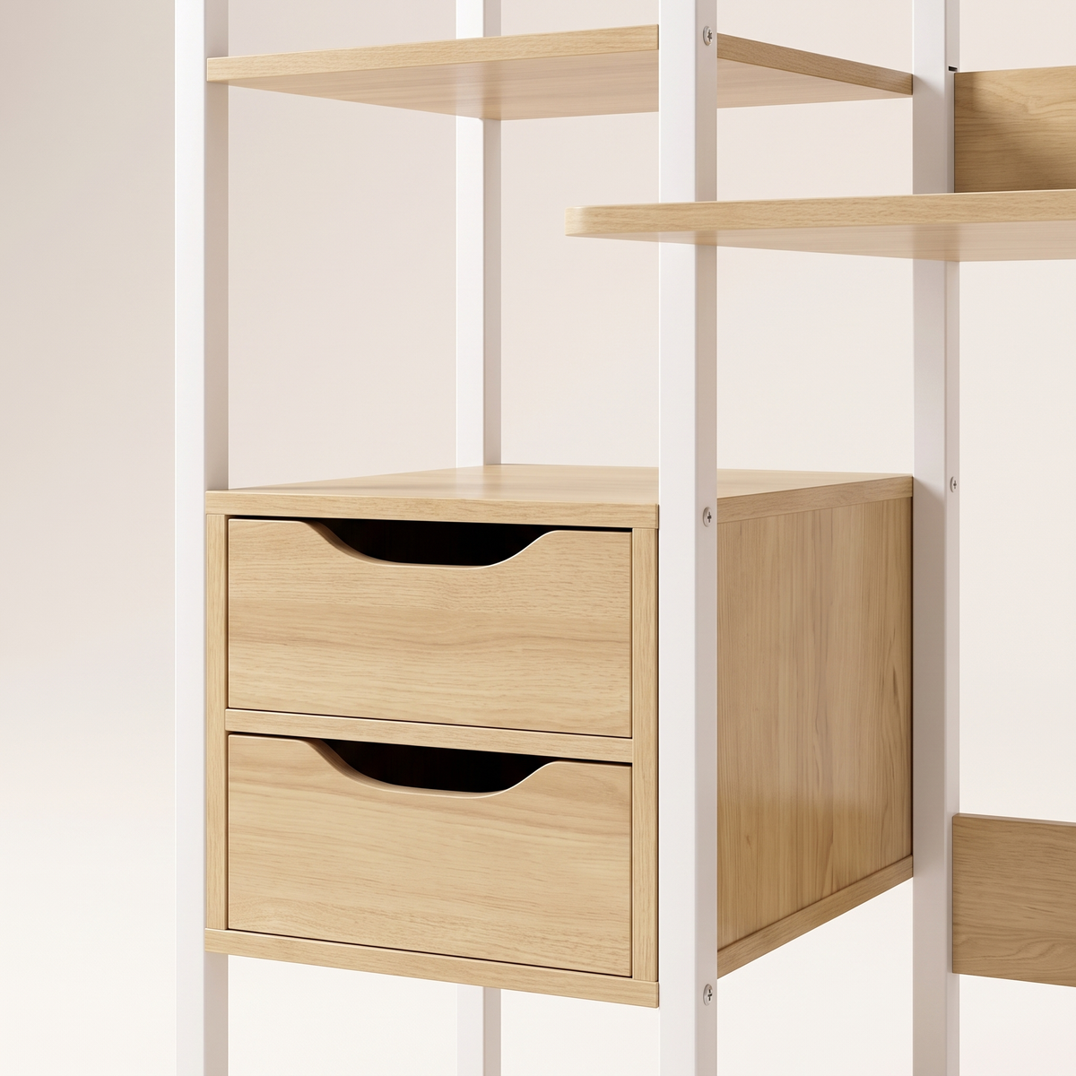 Light Oak Study Desk with Shelves and Drawers, material detail