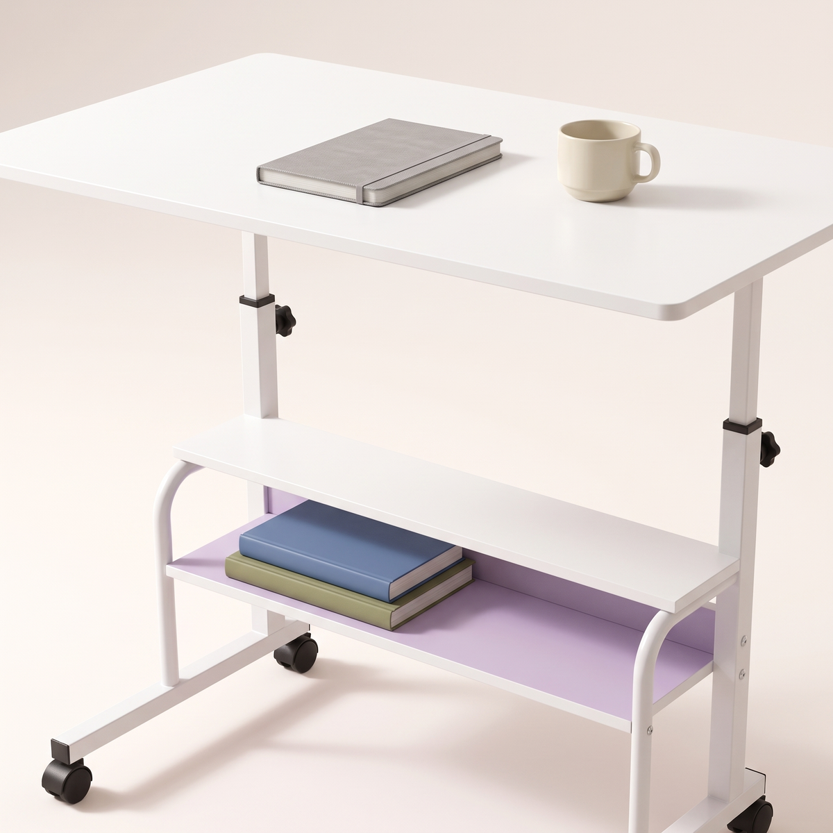 White Height-Adjustable Mobile Study Table, styled detail