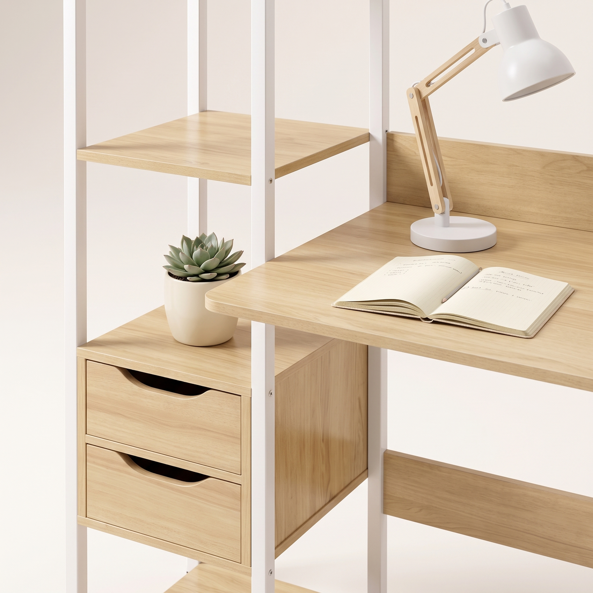 Light Oak Study Desk with Shelves and Drawers, styled detail