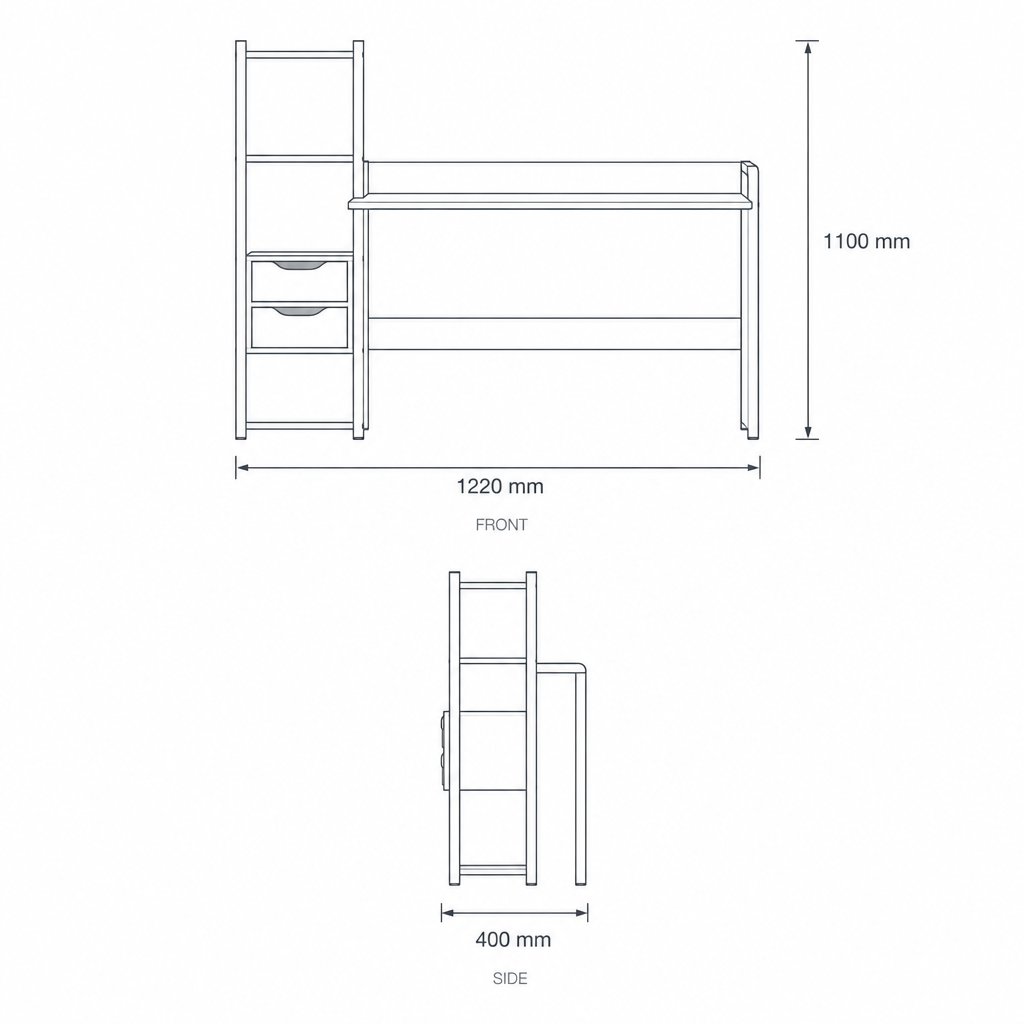 Light Oak Study Desk with Shelves and Drawers, dimensions drawing