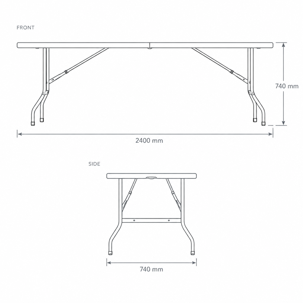 8ft White Folding Garden Table #HP-240CZ, dimensions drawing