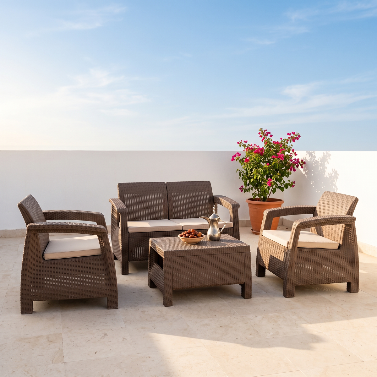 Home Needs Brown Rattan Sofa Set in a Muscat home