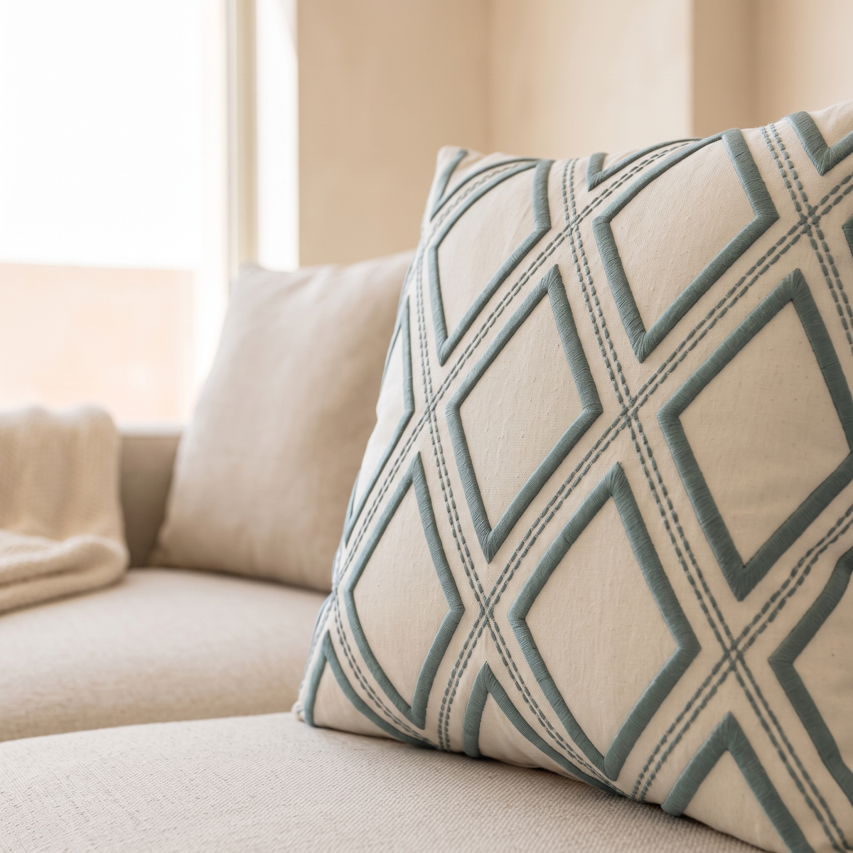 Geometric Diamond Embroidered Decorative Cushion Cover, close view