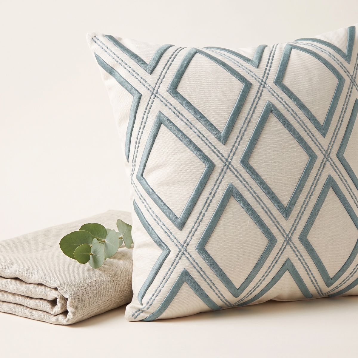 Geometric Diamond Embroidered Decorative Cushion Cover, styled detail