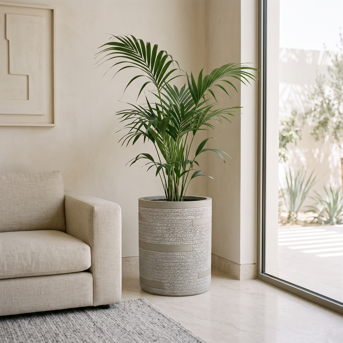 42x46cm Textured Fiberclay Planter with Horizontal Stripes #KD-141 in a Muscat home