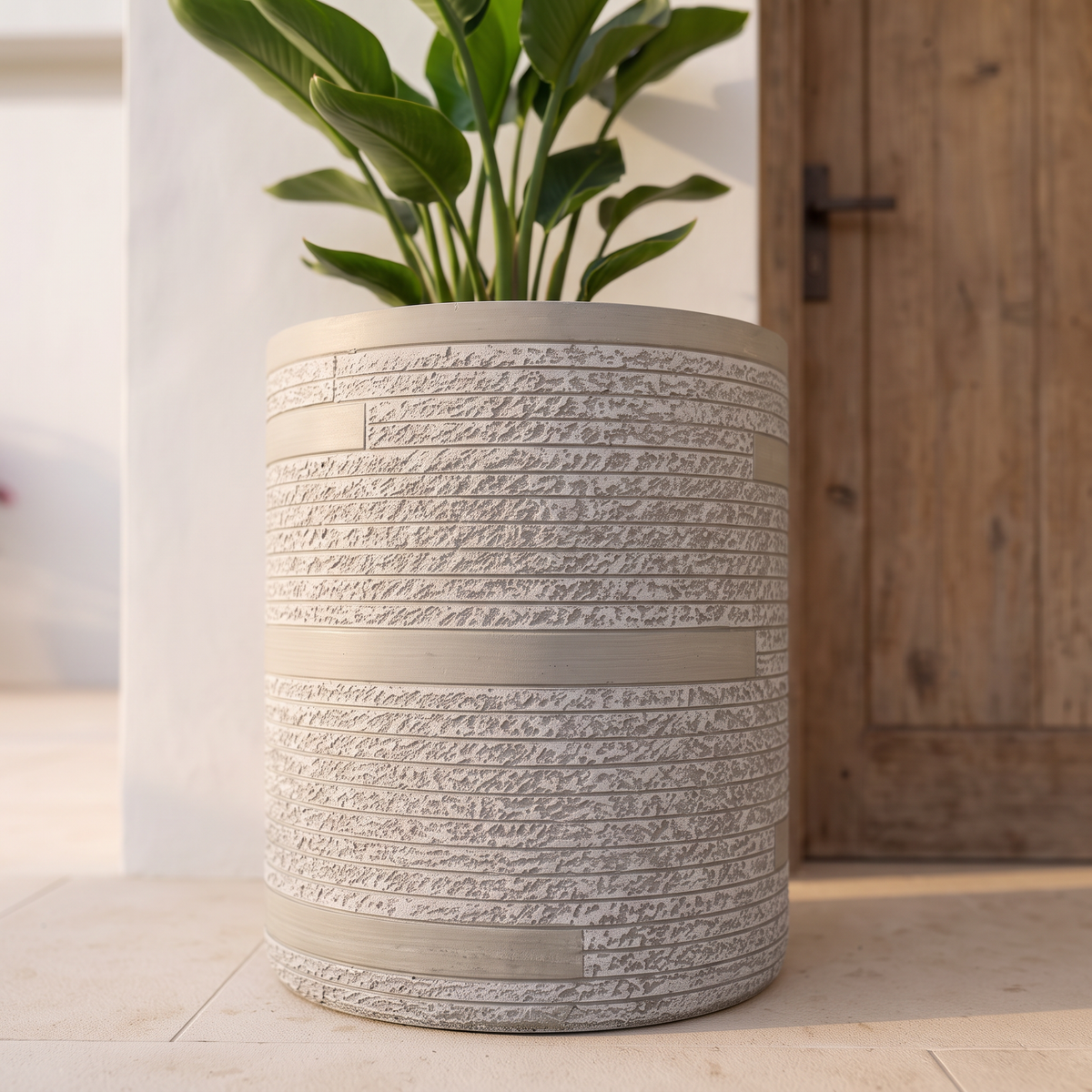 35x40cm Textured Fiberclay Planter with Horizontal Stripes #KD-141, close view