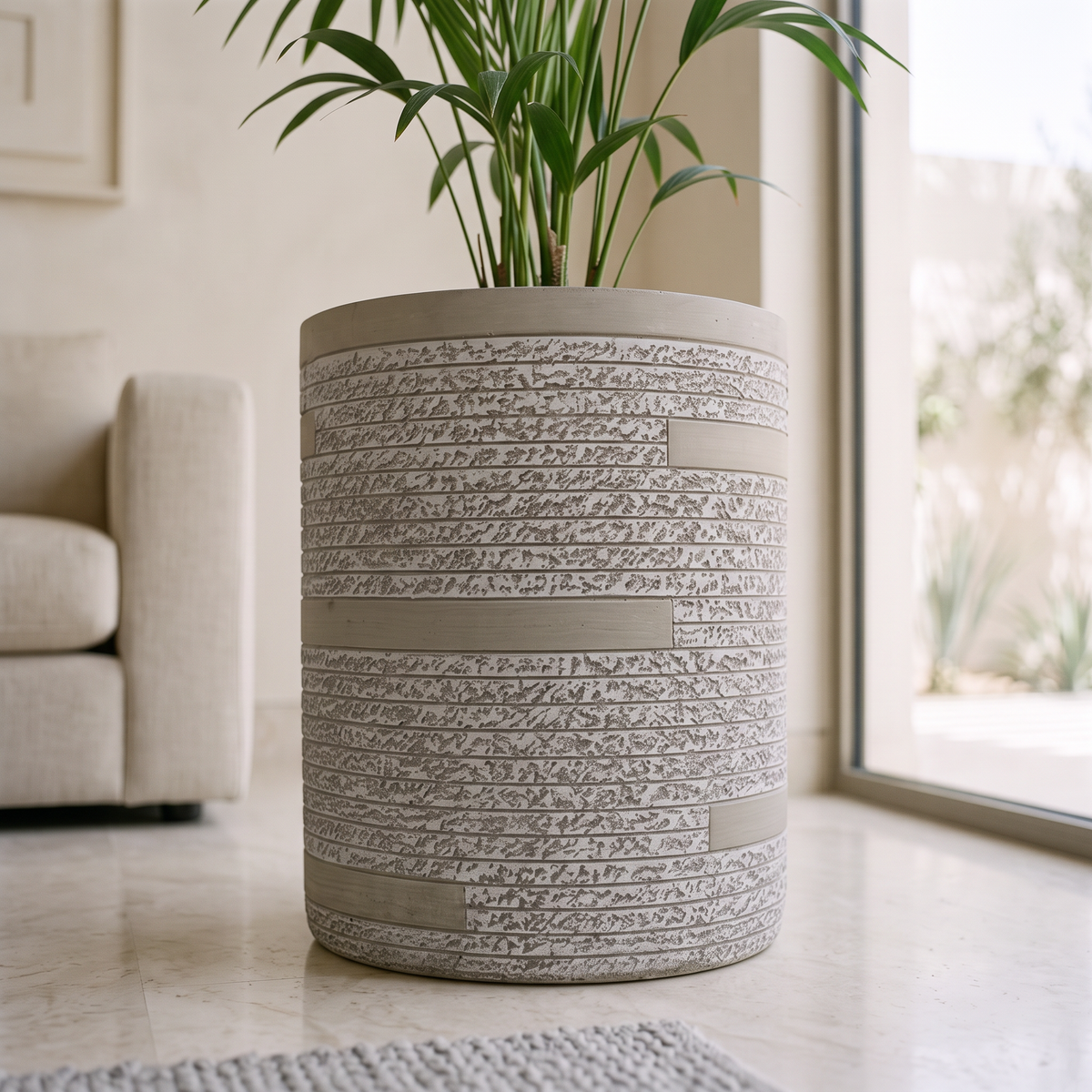 42x46cm Textured Fiberclay Planter with Horizontal Stripes #KD-141, close view