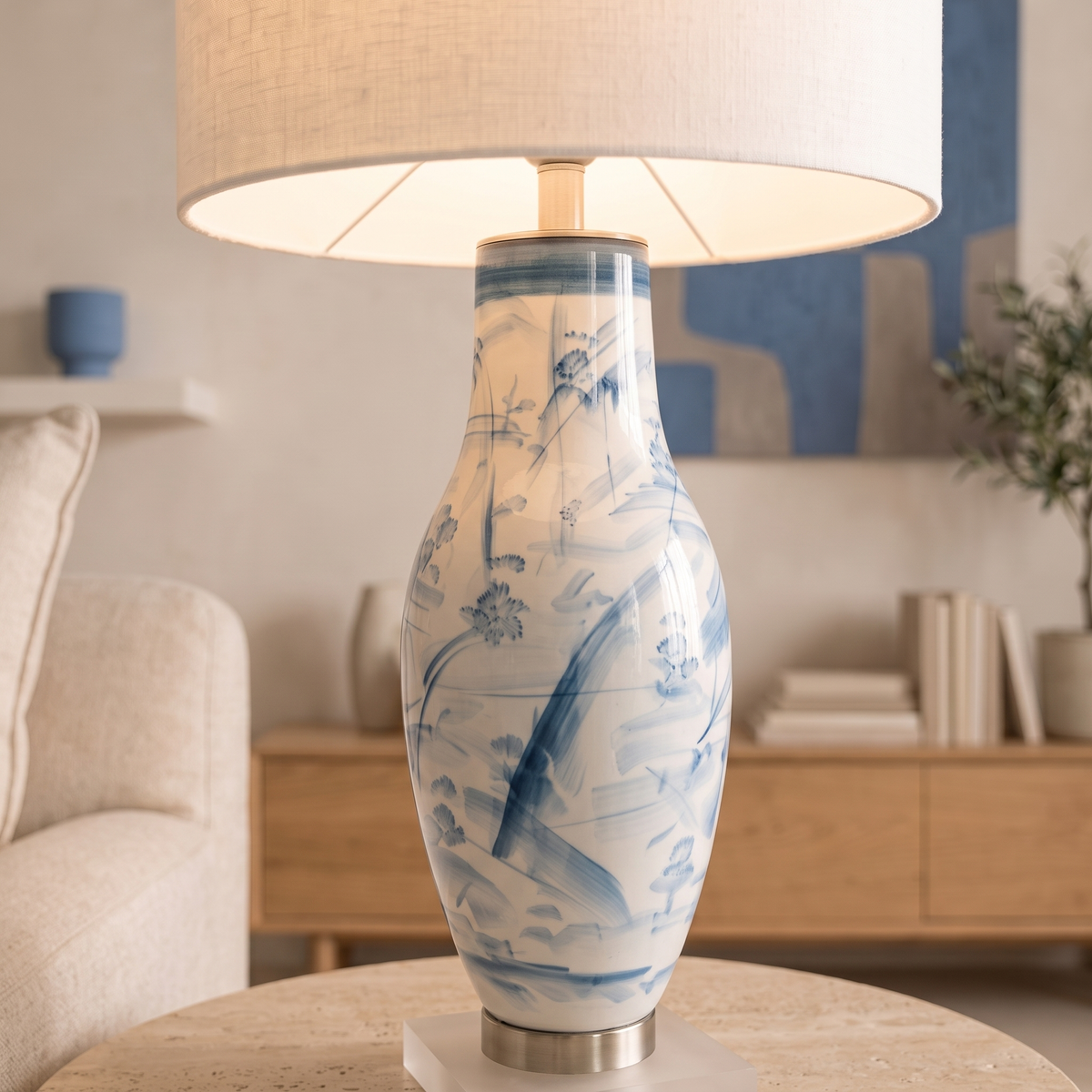 Blue Ceramic Table Lamp, close view