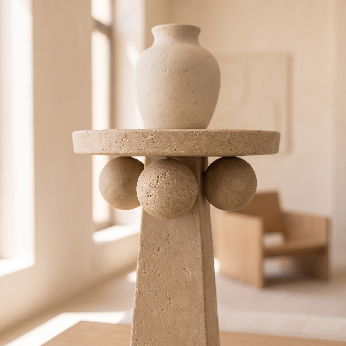 Travertine Pedestal Display Stand, close view