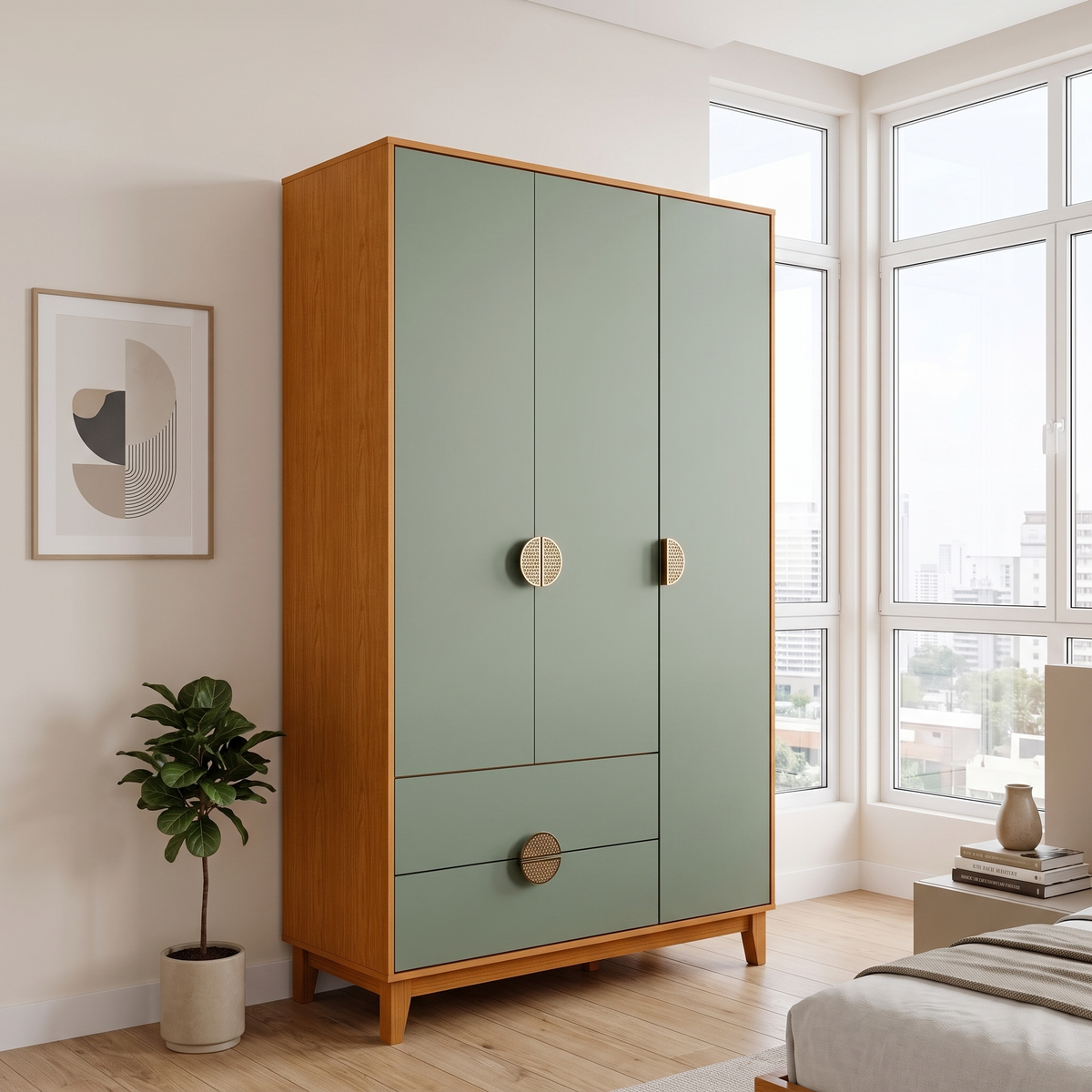 IPE Wardrobe from the corner showing the cinnamon side panel and sage green doors