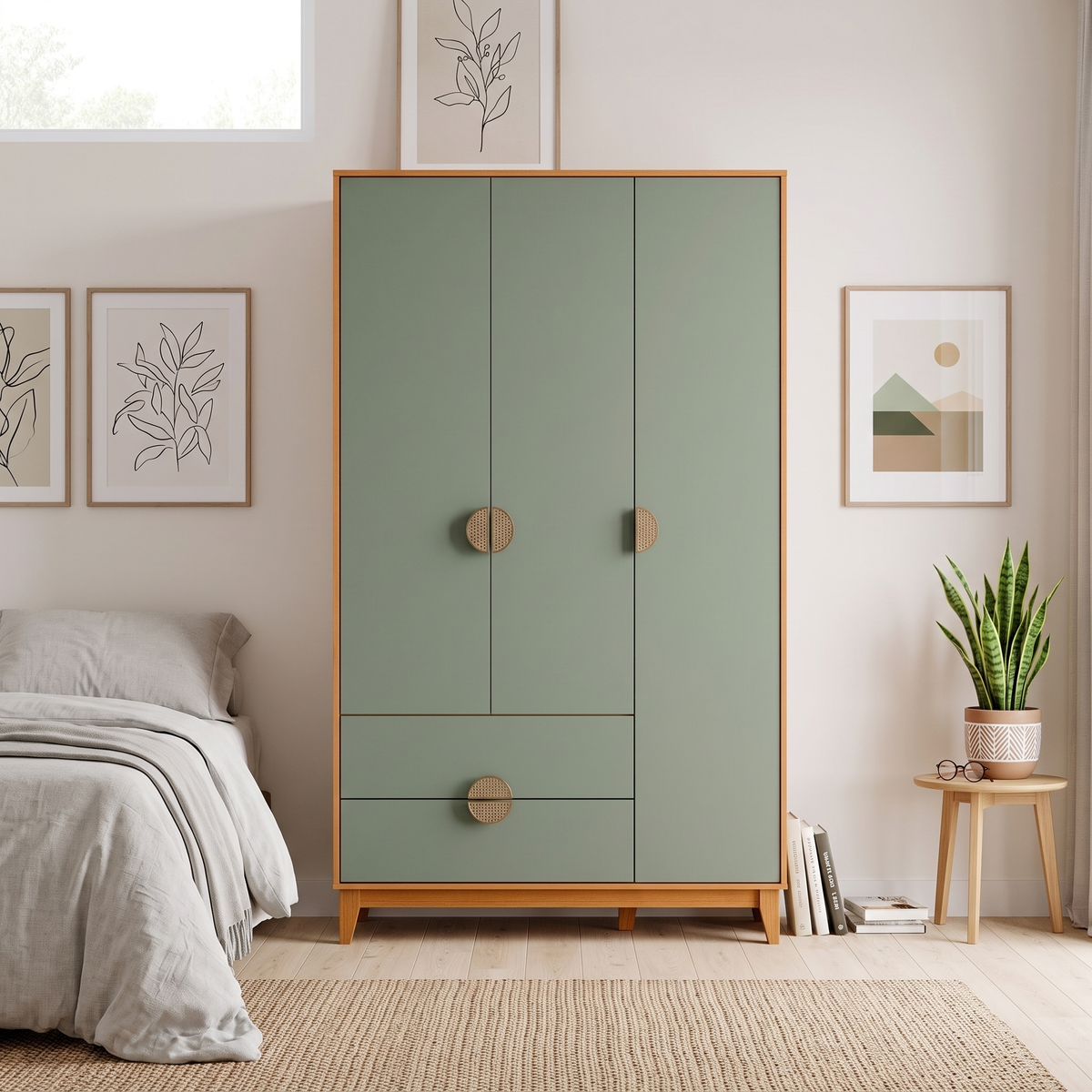 IPE 3 Door Wardrobe in cinnamon wood and sage green in a bright Muscat bedroom