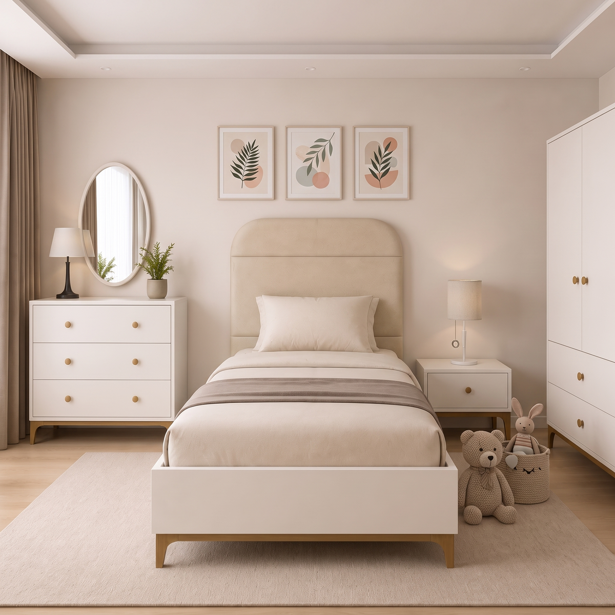 Polo Young Kids Bedroom Set with bed, nightstand, dresser with oval mirror and wardrobe in a bright child's room