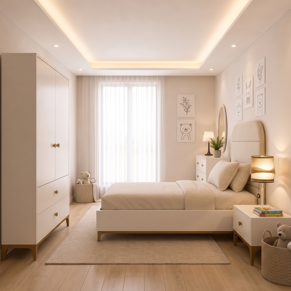 Polo kids bedroom from the corner with the white wardrobe in the foreground