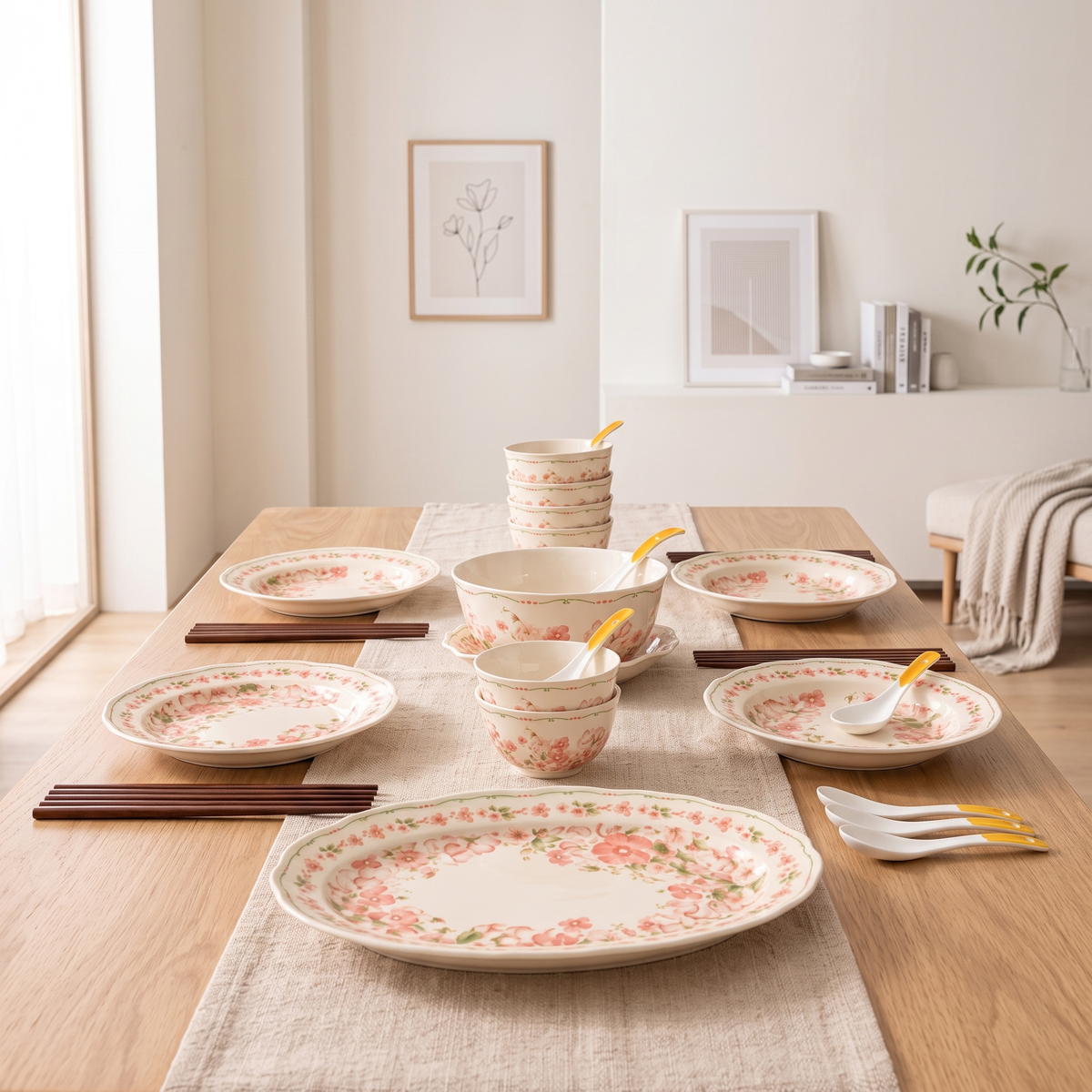 Yanhe 1 Dinnerware Set from the other end of the table with the oval platter in front