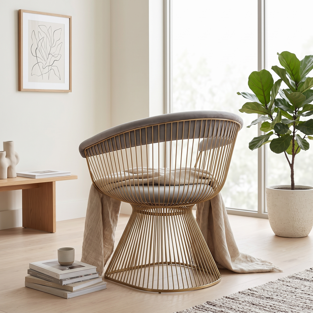 Lounge Chair T006 seen from behind showing the gold wireframe back and grey velvet backrest