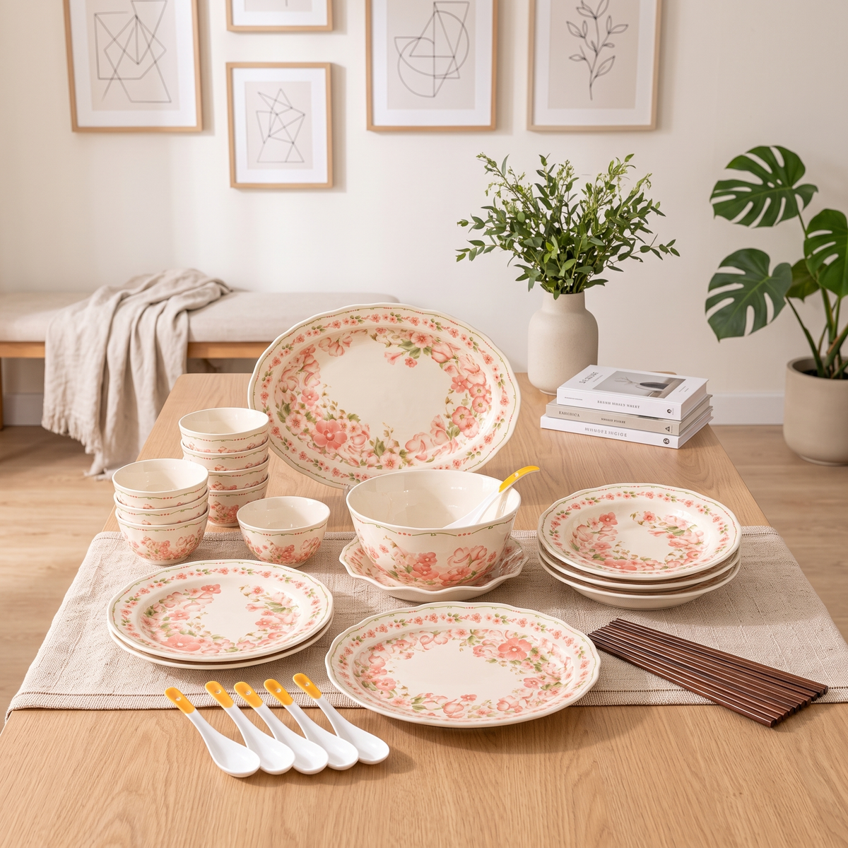 Yanhe 1 Dinnerware Set laid out on a pale oak dining table in a bright Muscat home