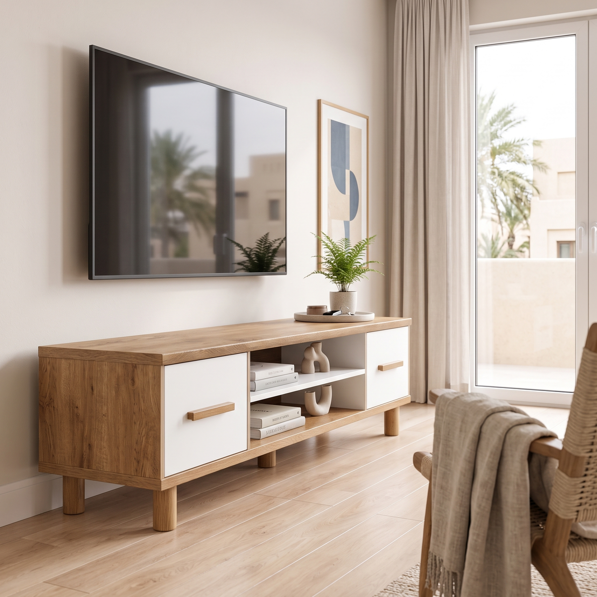 Cemre TV Stand from the side showing the oak frame, white drawers and open compartments