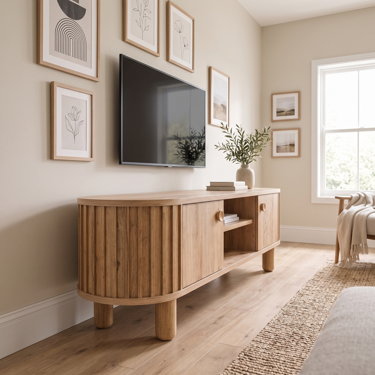 Sedir TV Stand from the left showing the rounded fluted end