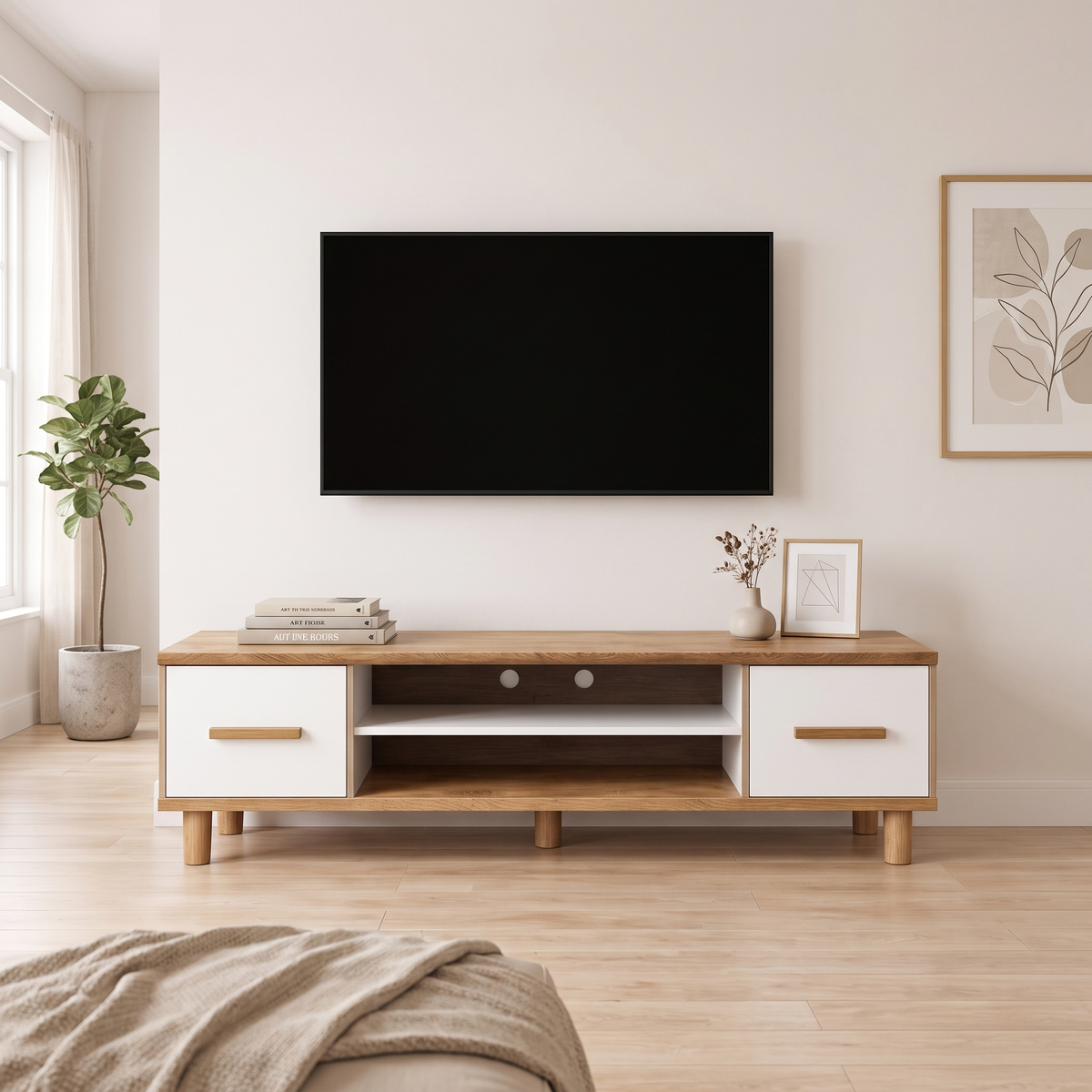 Cemre TV Stand in oak and white beneath a wall-mounted TV in a bright Muscat living room
