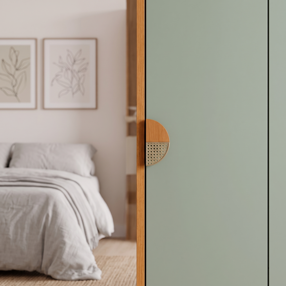Close-up of the round half-moon handle on a sage green door