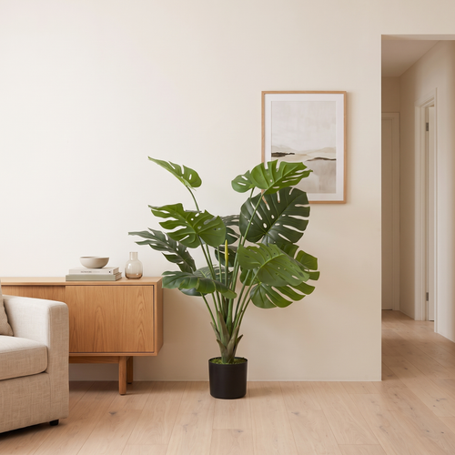 Artificial Monstera plant against a warm-white wall beside an oak sideboard