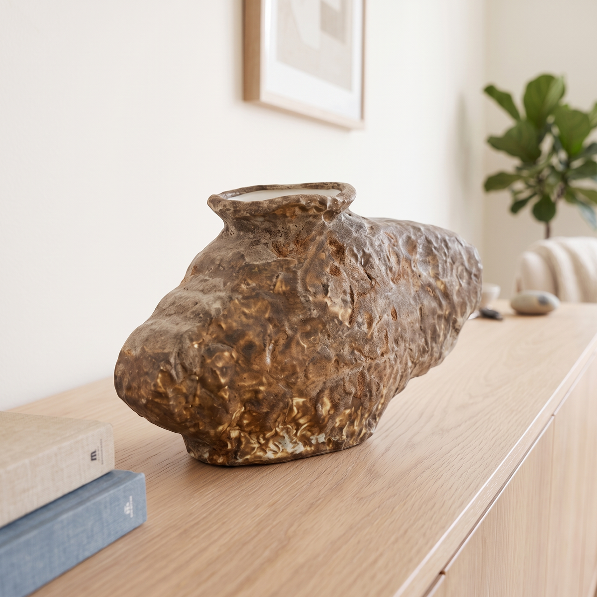 Close-up of the textured bronze-brown rustic glaze