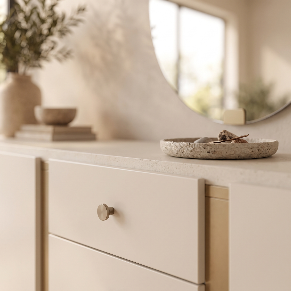 Detail of a drawer knob on the Renata Sideboard with a ceramic dish on top
