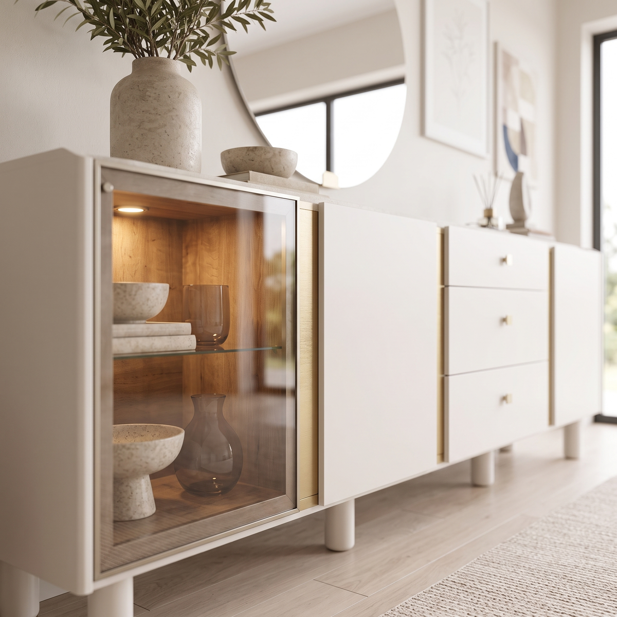 Close-up of the glass display door with warm wood interior and gold accent strip