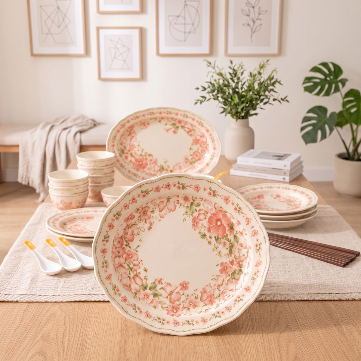Close-up of the coral-pink floral pattern and shaped rim of a Yanhe plate