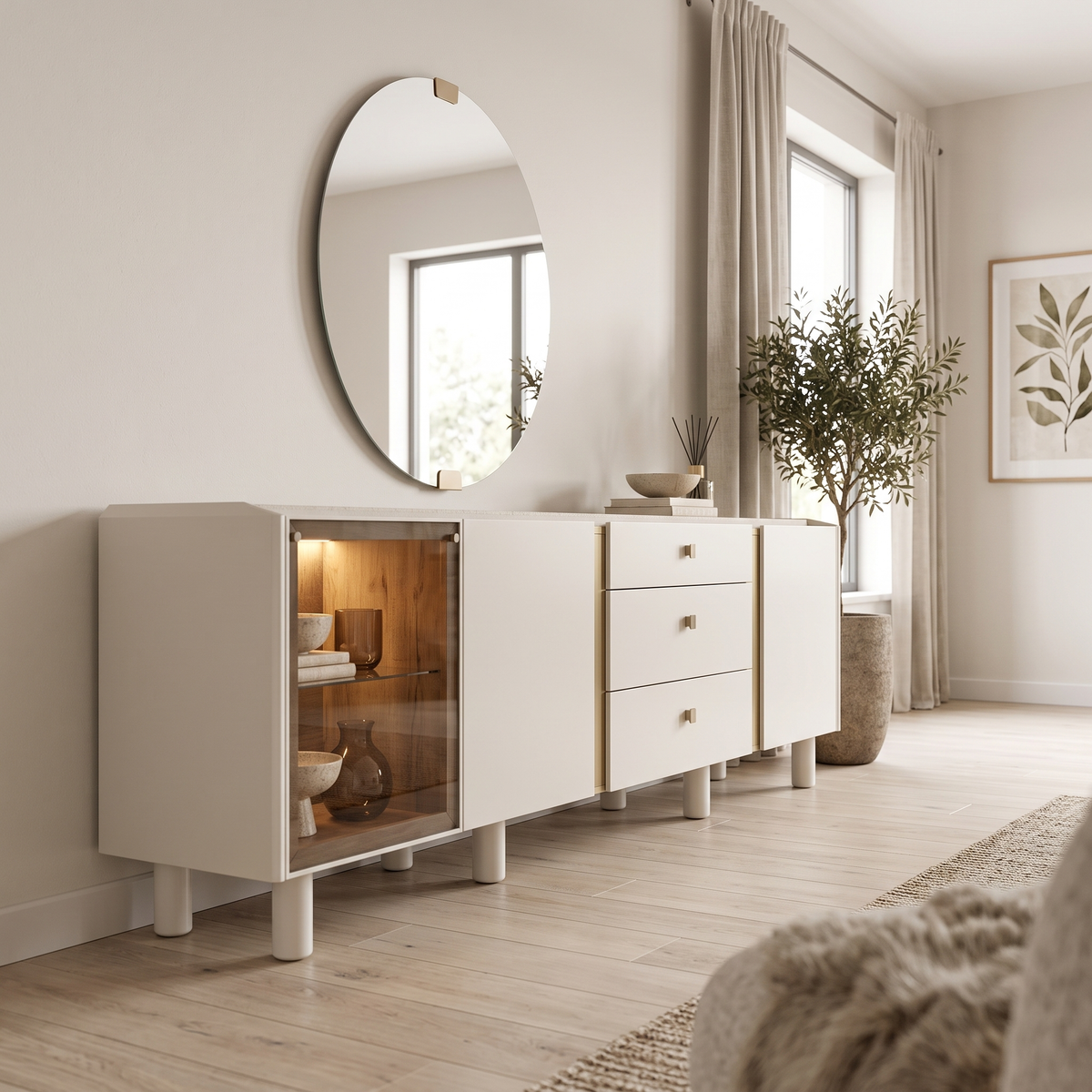 Renata Sideboard from the left with the lit glass display cabinet in the foreground