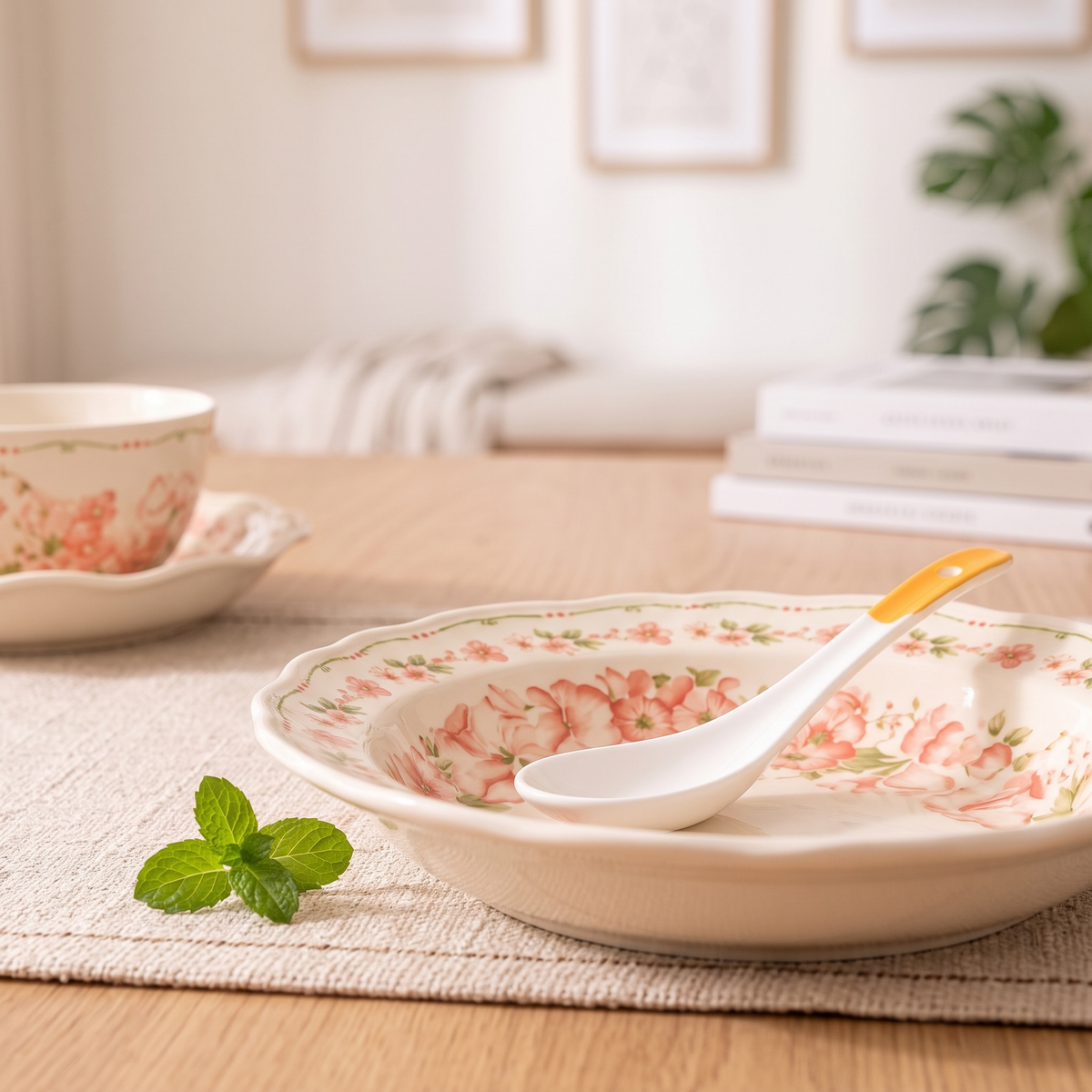 Deep floral plate with a white soup spoon and a sprig of mint