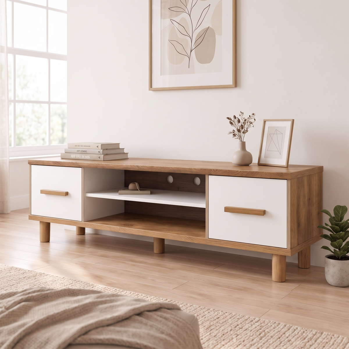 Angled view of the Cemre TV Stand with two white drawers and central open shelves